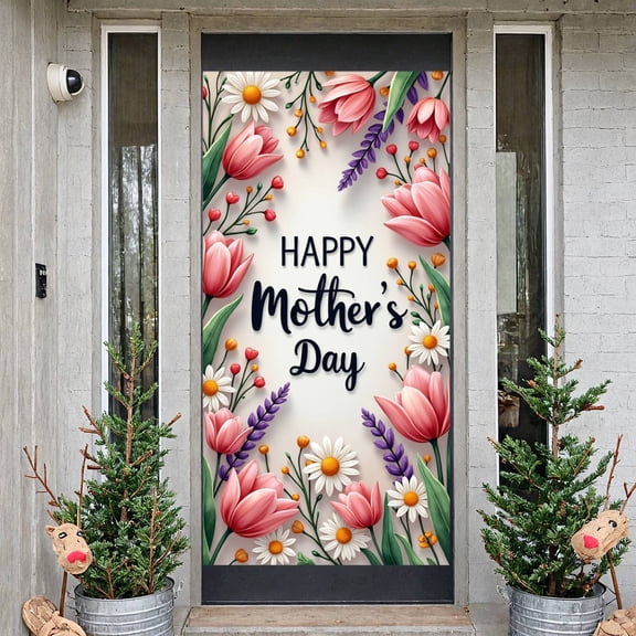 Watercolor Floral Happy Mother's Day Banner Pink Purple Tulip Themed Mother's Day Backdrop Elegant Mom Celebration Display for Mother's Day Celebration Family Gathering Mom's Brunch