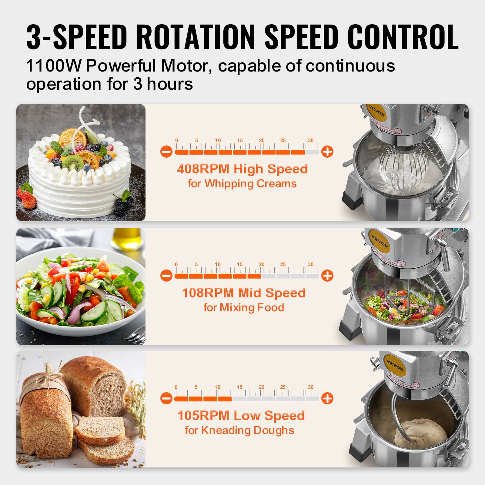 VEVOR Commercial Food Mixer,30Qt Commercial Mixer with Timing Function, 1100W Stainless Steel Bowl Heavy Duty Electric Food Mixer Commercial with 3 Speeds Adjustable 108/199/382 RPM,Dough Hook Whisk