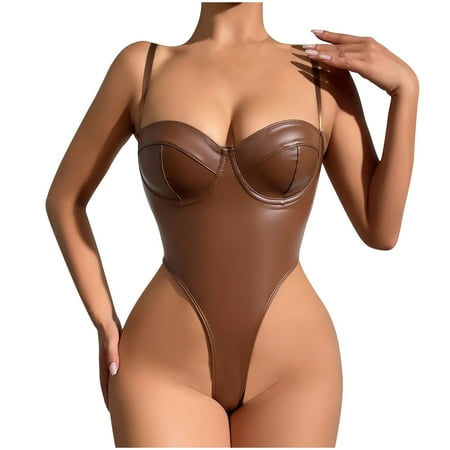 miqiqism Shapewear Bodysuit Tummy Control - Faux Leather Bodysuit V Neck Thong Shapewear Sleeveless Solid Tank Top Coffee Large