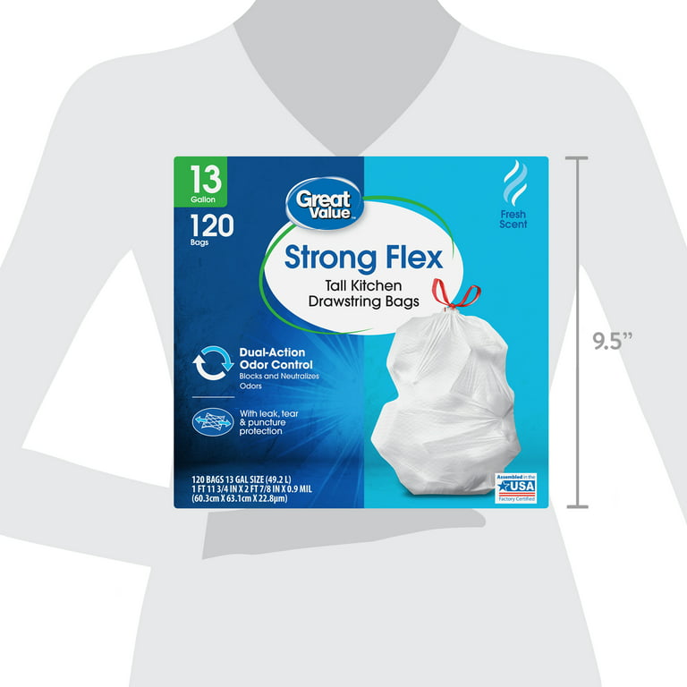 Great Value Strong Flex 13 Gallon Tall Kitchen Drawstring Bags, Mint Scent, 80 Count - 1