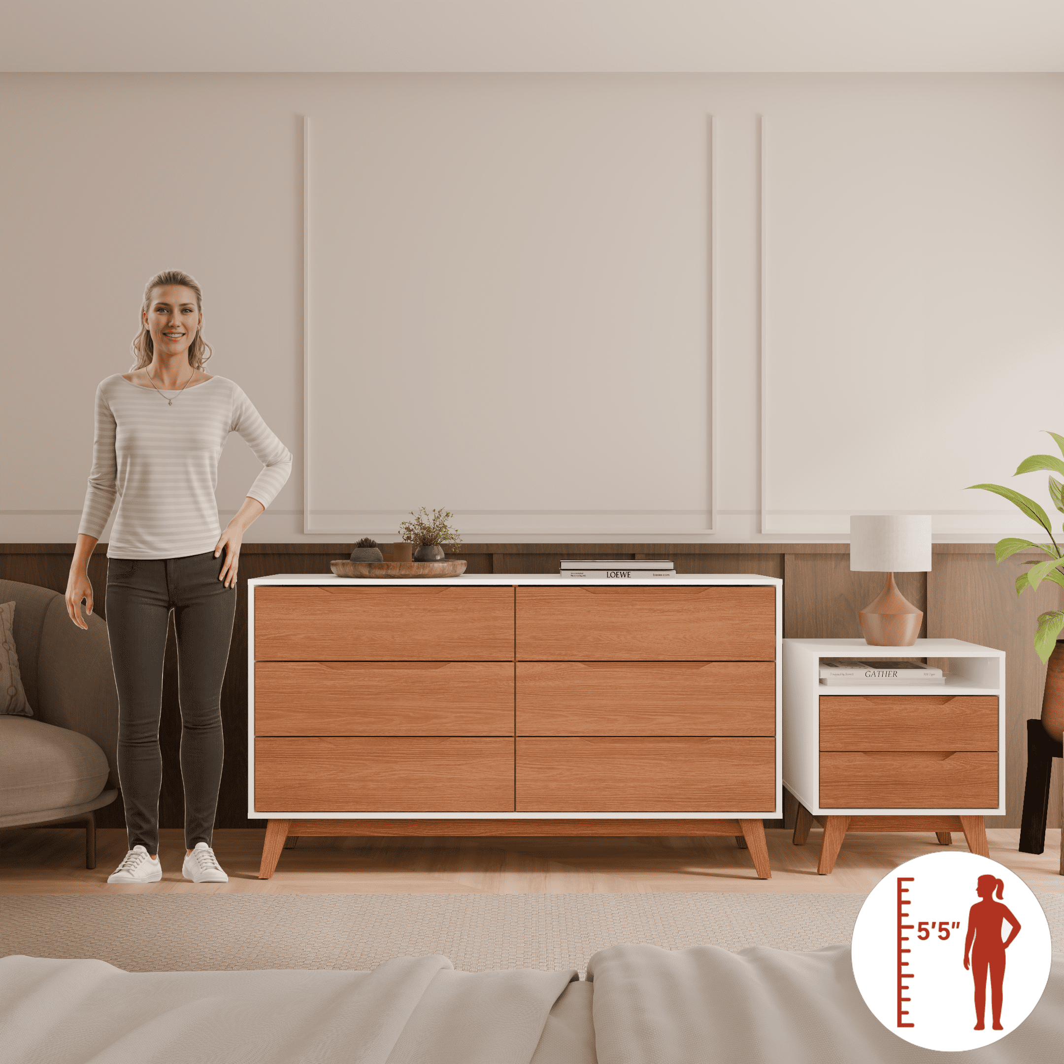 Kappesberg Bedroom Furniture Set with 6-Drawer Dresser and 2-Drawer Nightstand White/Golden Oak – Modern Storage Combo