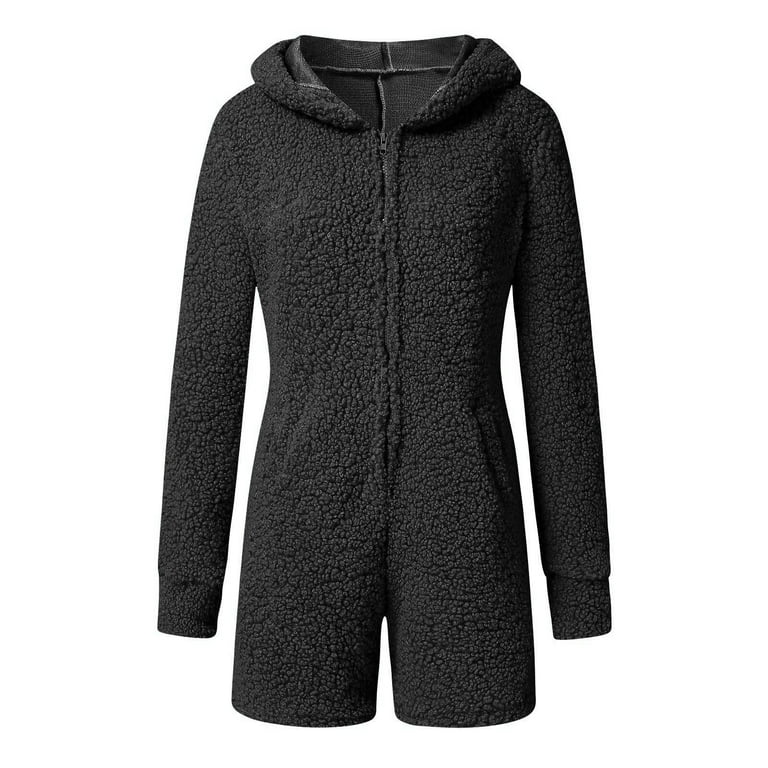 Czhjs for Ladies Plus Size Tops Womens Fall Fashion Sherpa Romper Fleece Onesie Pyjamas Jumpsuits Zipper Bunny Hoodis Suit Pullover Cotton Lien Solid