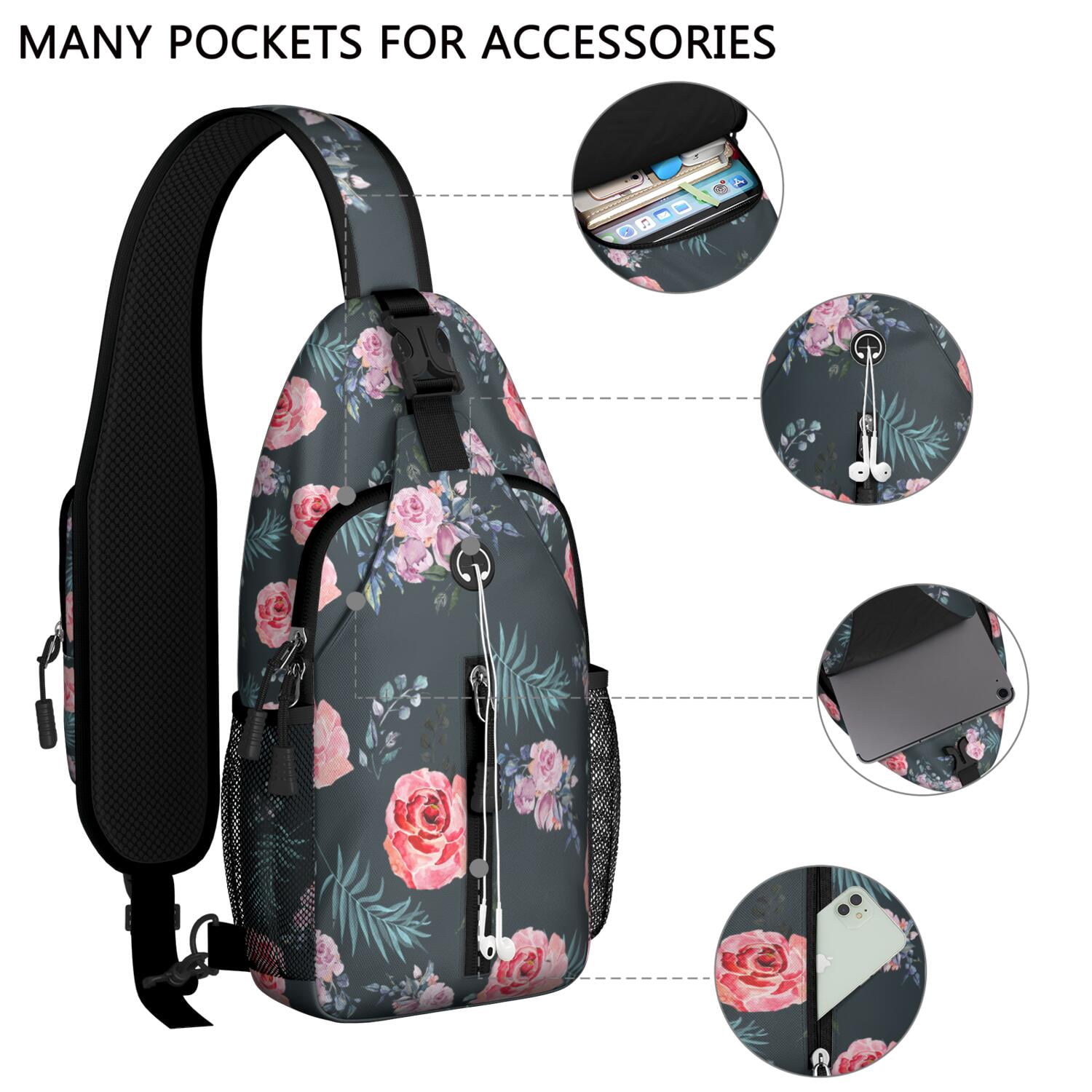 Rustic Cow Print Sling Backpack with Country Farmhouse Design – Black and White Buffalo Pattern Crossbody Bag Featuring Cute Cartoon Cows, Floral Texture, Vintage Aesthetic