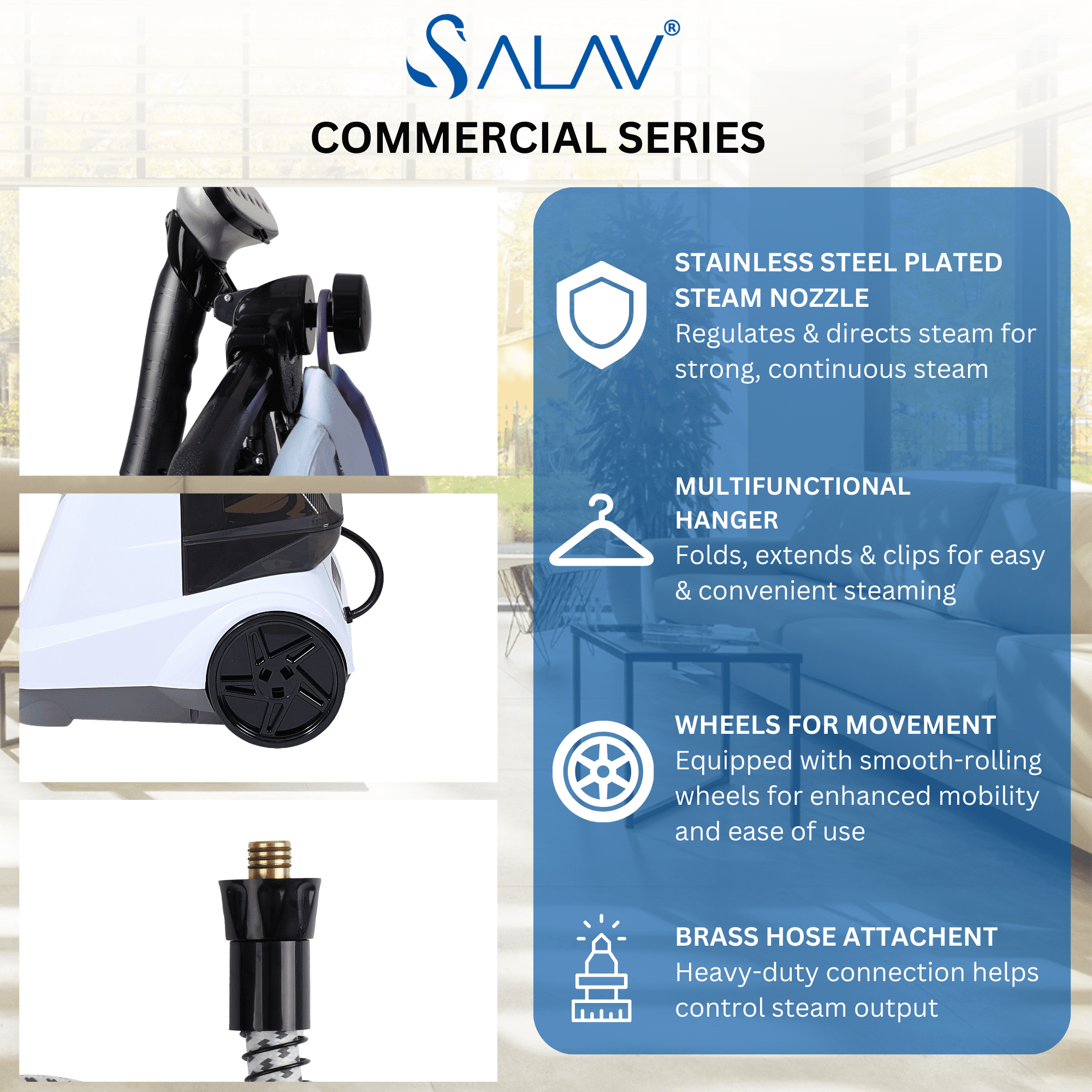 SALAV X3 Commercial-Grade Smart Auto Shut off Garment Steamer with Foot Pedals and Extra Large 3L Water Tank, White