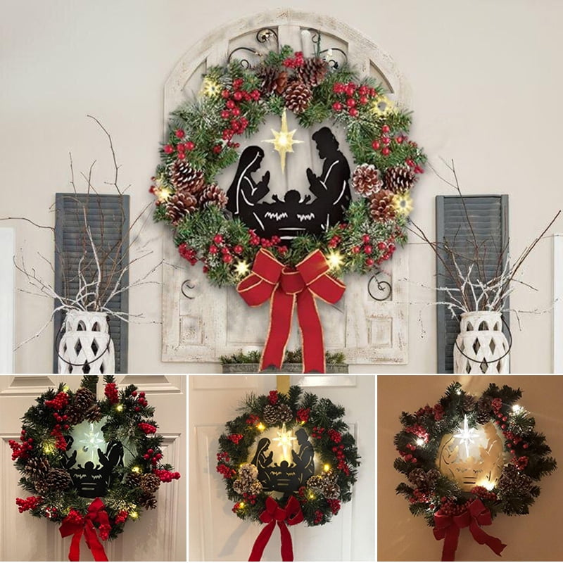 Lighted Nativity Scene Christmas Wreath with LED Light Battery Powered Front Door Decoration for