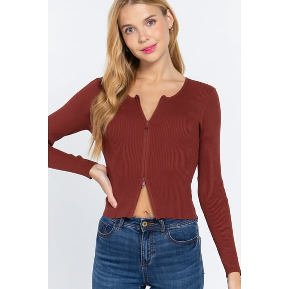 Rib Sweater Top W/front Zipper M