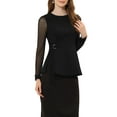 thumbnail image 4 of INSPIRE CHIC Women's Mesh Sheer Long Sleeve Blouse Round Neck Belted Work Peplum Top S Black, 4 of 6