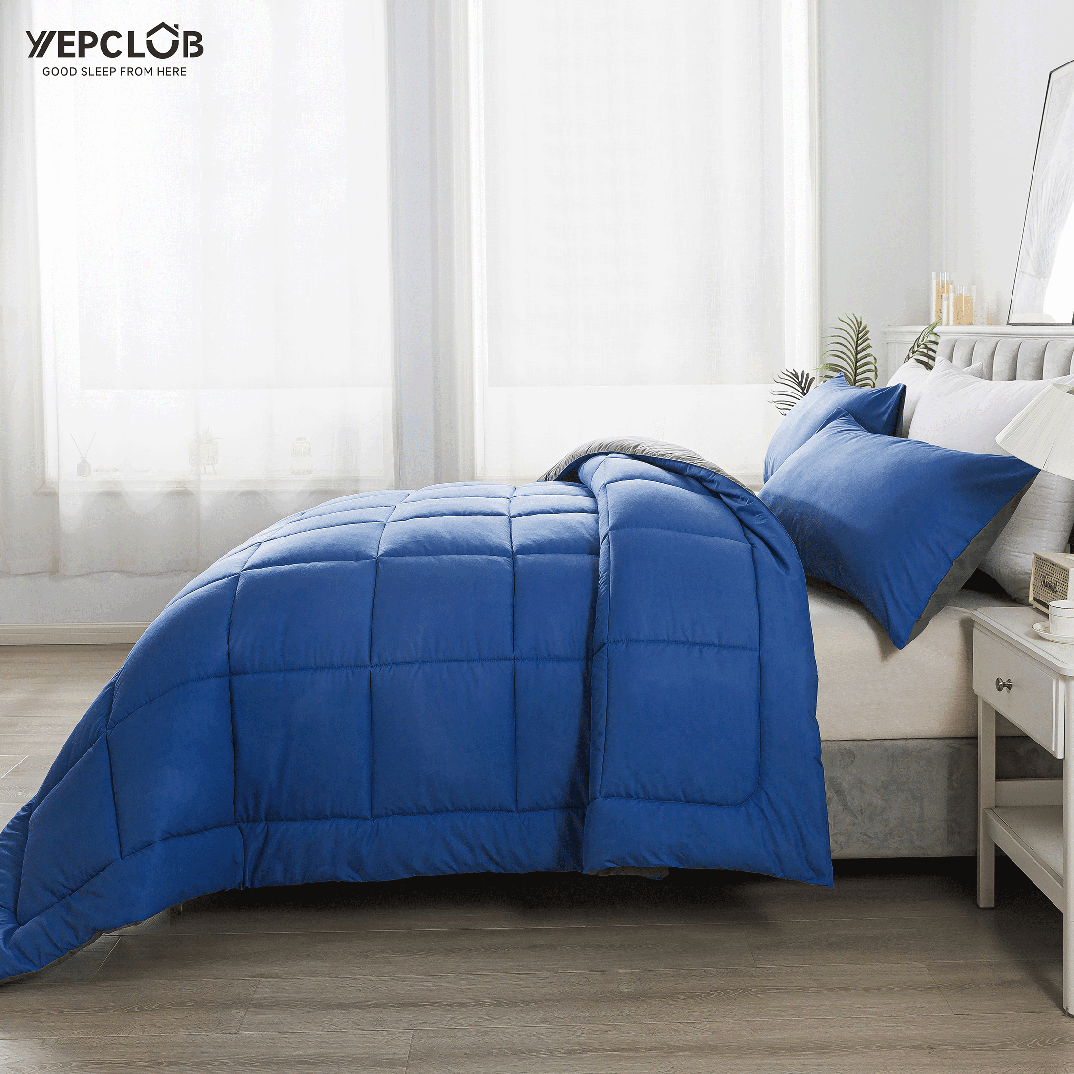 YEPCLUB 3-Piece King Size Comforter Set, Blue and Gray Down Alternative Reversible Bedding Set, All-Season Quilted Soft Comforter with Pillowcases