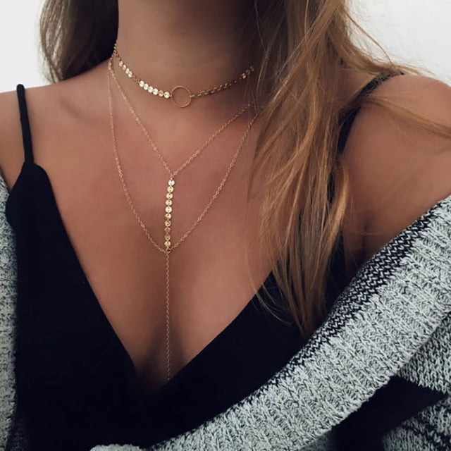 Collar de múltiples capas con anillo de cadena hecho a mano a la moda Cadena de clavícula para mujer de moda