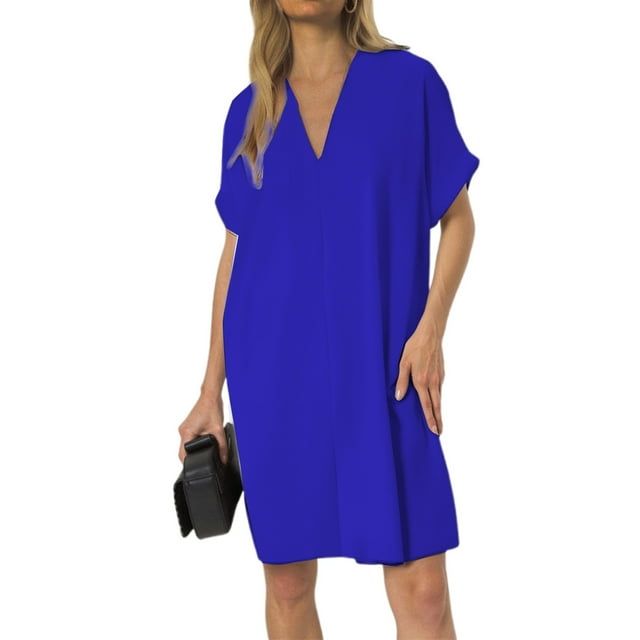 Vestido holgado de manga corta y cuello en V para mujer, de color liso, estilo informal, versátil, tallas S-XL, tejido transpirable para primavera/verano
