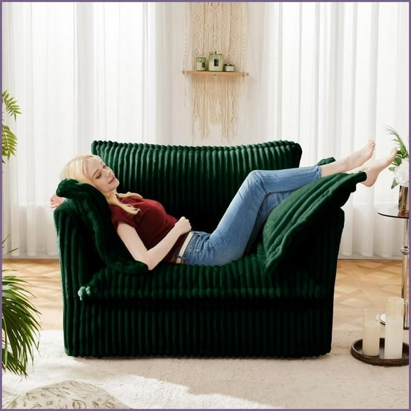 Single Modern Green Corduroy Sofa with Cushion Back | Solid Wood Frame | Washable Covers - Living Room/Bedroom