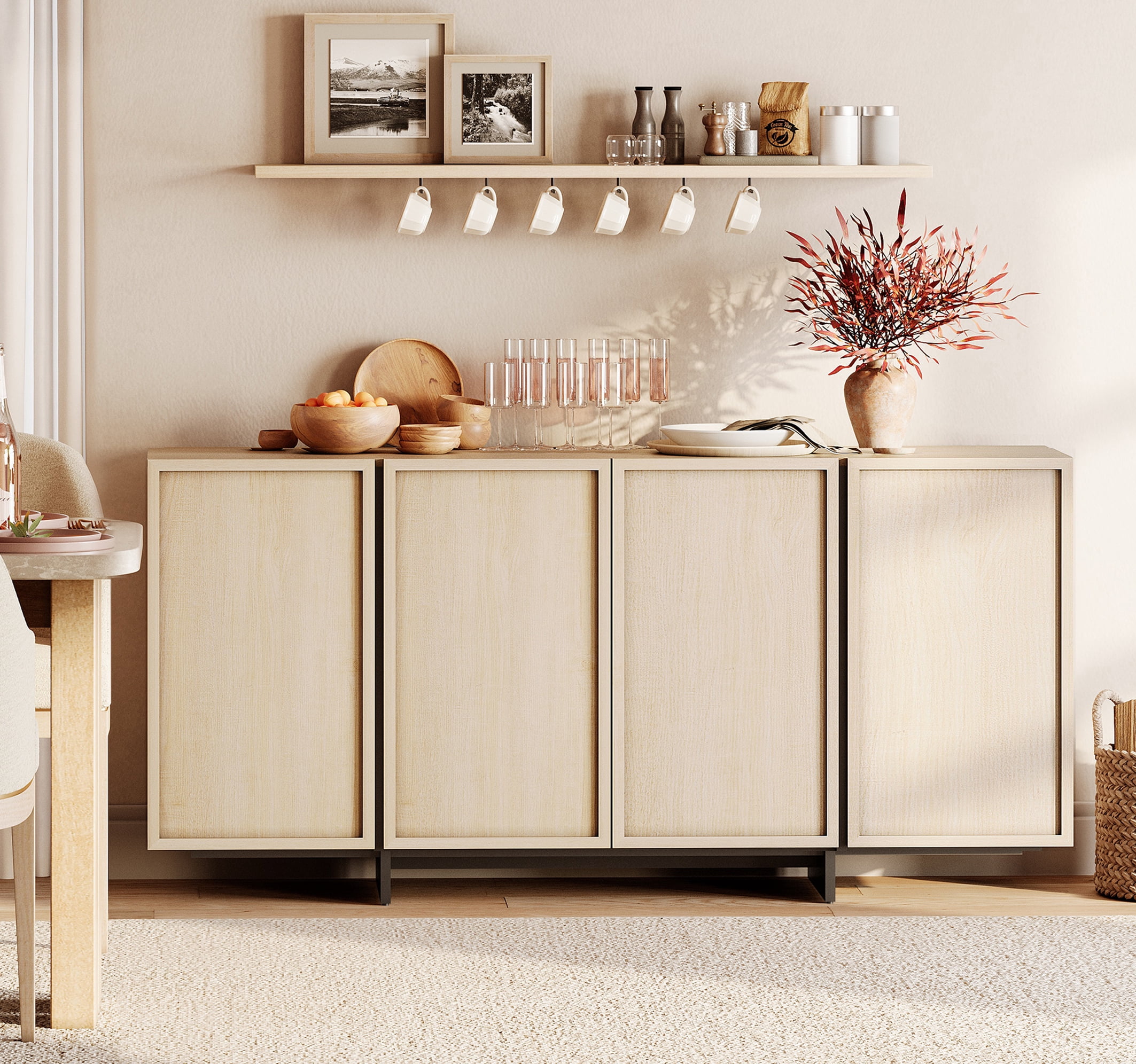 WAMPAT Multifunctional Sideboard Buffet Cabinet, Modern Storage Cabinet with 3 Large Storage Spaces, Coffee Bar Cabinet for Living Room and Kitchen, Light Oak