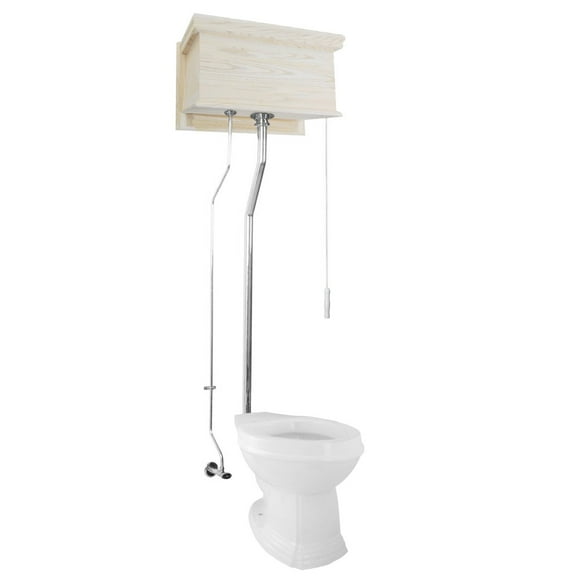 Unfinished Wooden High Tank L-Pipe Toilet Round White Bowl | Renovator's Supply