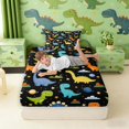 thumbnail image 3 of Manfei Cute Cartoon Dinosaur Animals Fitted Sheet Queen,Kawaii Stars Bedding,Blue Black,3 Pieces,1 Fitted Sheet and 2 Pillowcases, 3 of 6