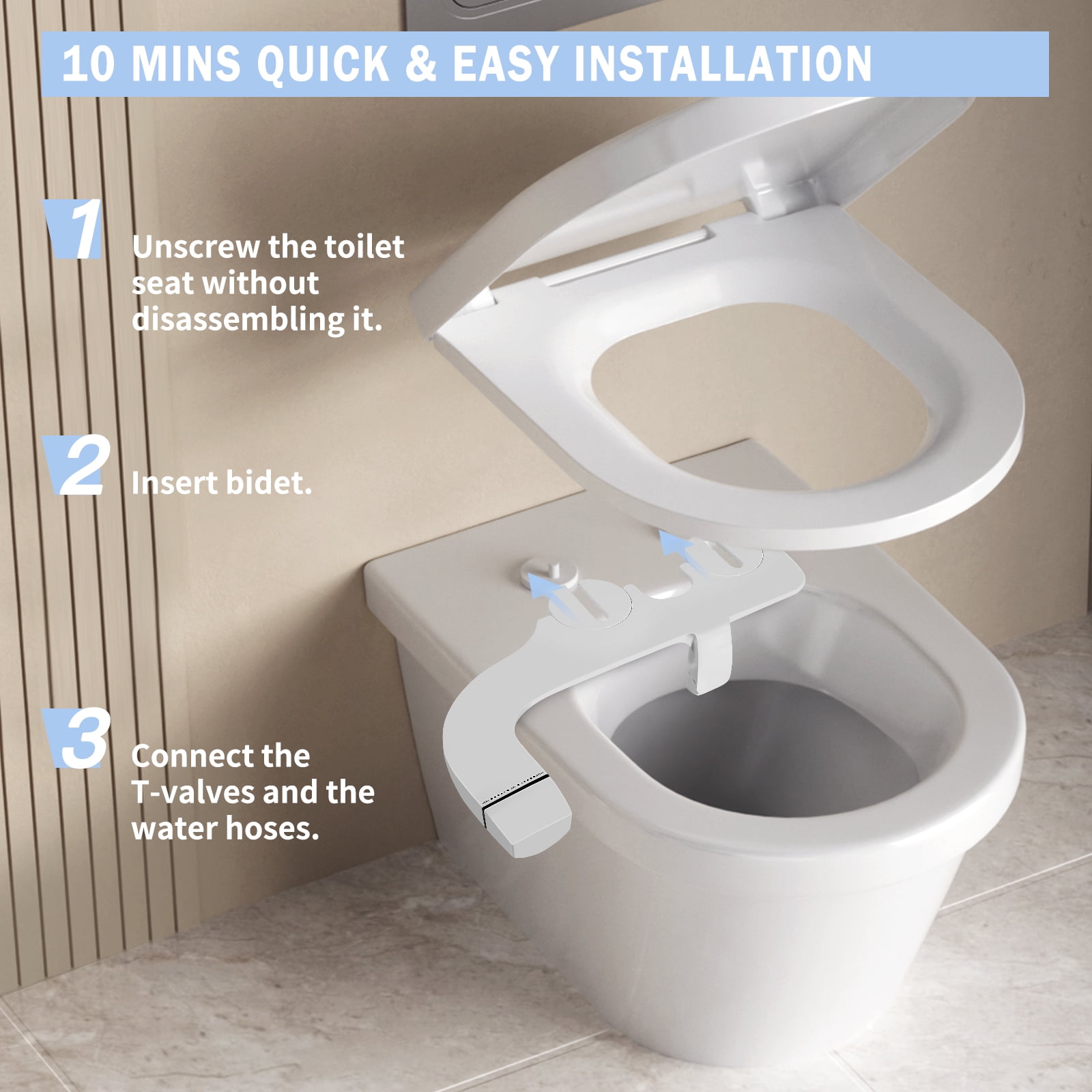 PHANCIR Ultra-Slim Bidet Attachment for Toilet, Dual Nozzle (Frontal & Rear Wash) with Self Cleaning, Non-Electric Adjustable Water Pressure Water Toilet Seat Attachment White