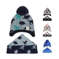 thumbnail image 2 of Baby Kids Winter Ear Protection Beanie Warm Pompom Hat Dinosaur Print Scarf Set, 2 of 10