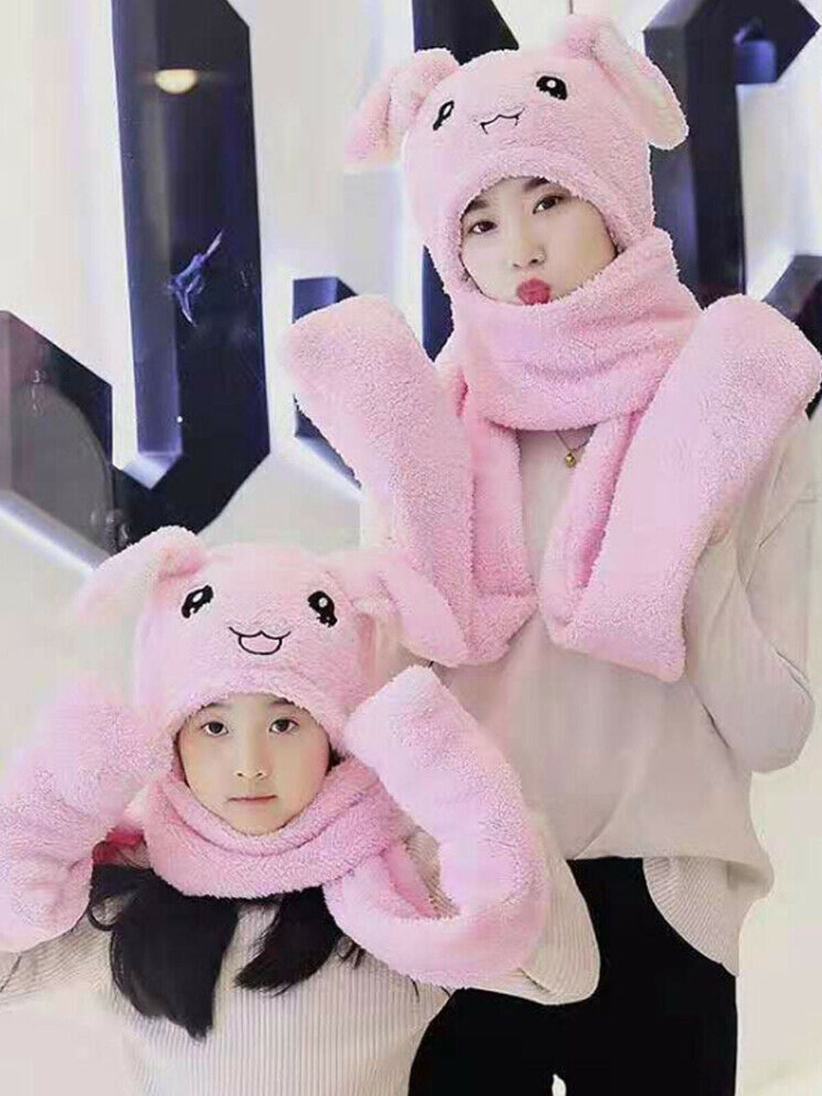 George Girls Baby Cute Fluffy Pink Grey Bunny Hat  Ears Lined Warm winter Fur 