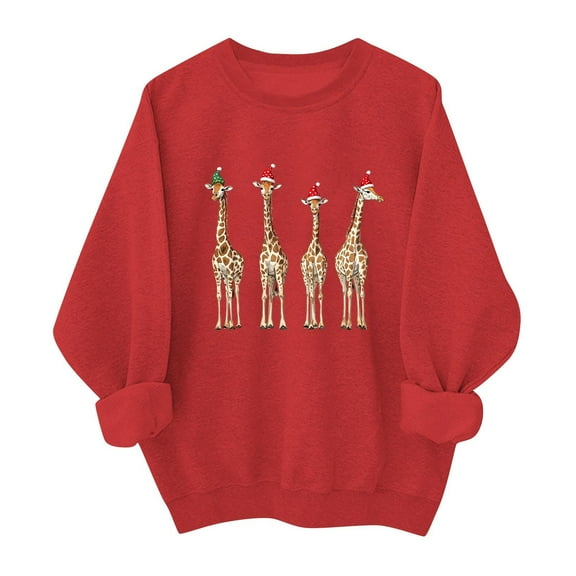 SYMOID Womens Red Christmas Crewneck Sweatshirt, 100% Cotton Loose Fit Festive Giraffe Graphic with Santa/Elf Hat,Size 2XL