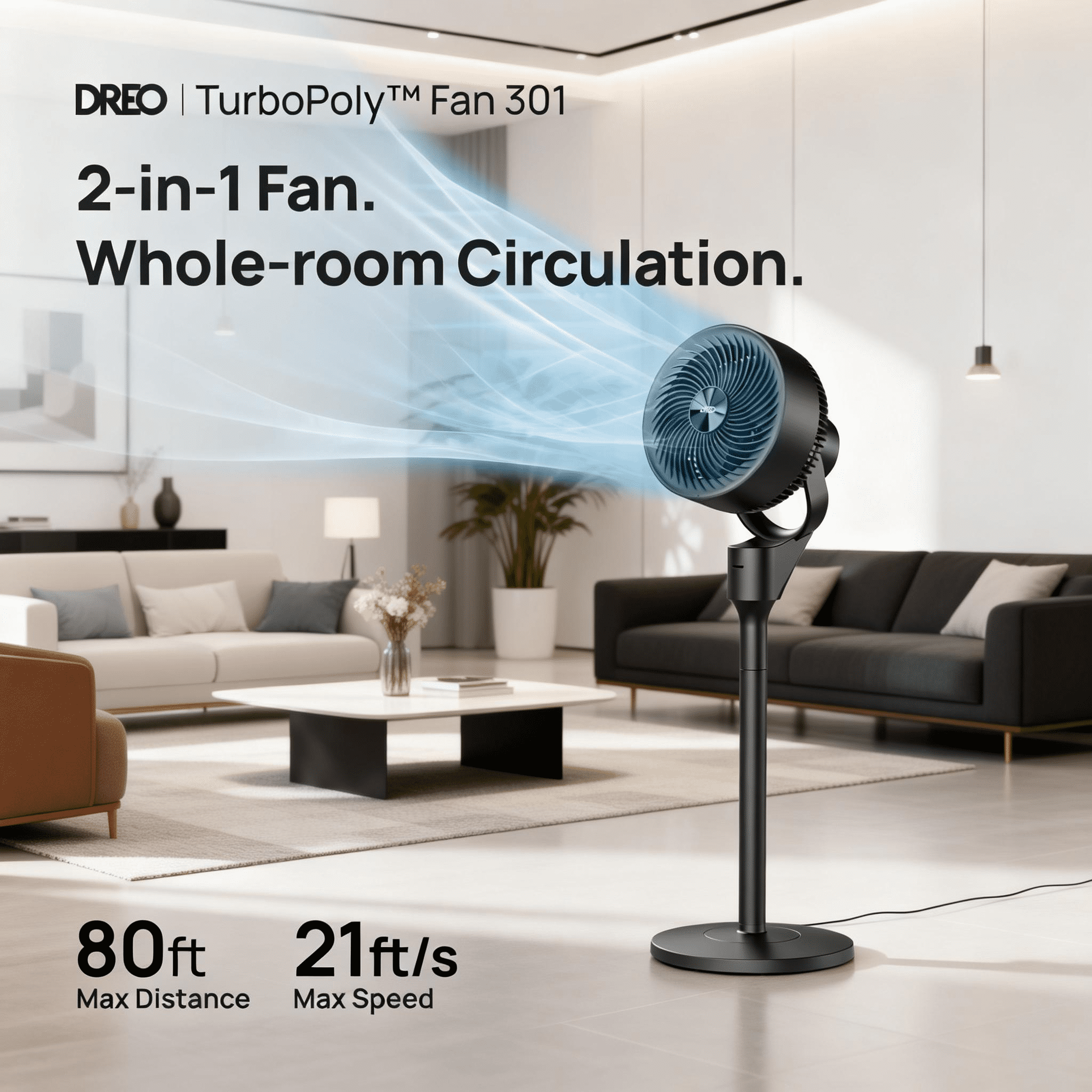 DREO Fan for Bedroom, 90 ft Powerful Airflow, 20 dB Ultra Quiet, 90° Oscillating Standing Fan, Whole Room Cooling, DC Motor, 8 Speeds, 3 Modes, 38-42" Height, 8H Timer, 105° Tilt