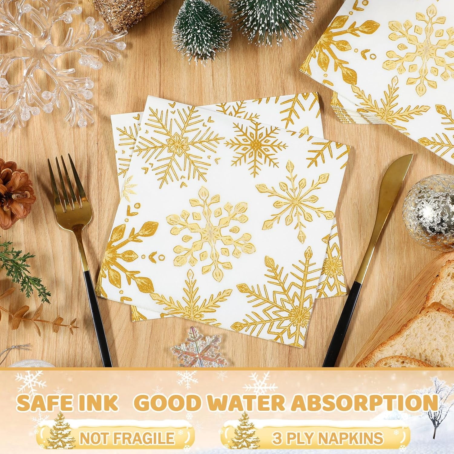 Waipfaru 200 PCS Christmas Party Supplies Disposable Plates Napkins Set,Gold Christmas Tableware Set Dinner Lunch Dessert Appetizer Decoration Xmas Party, Serve 50