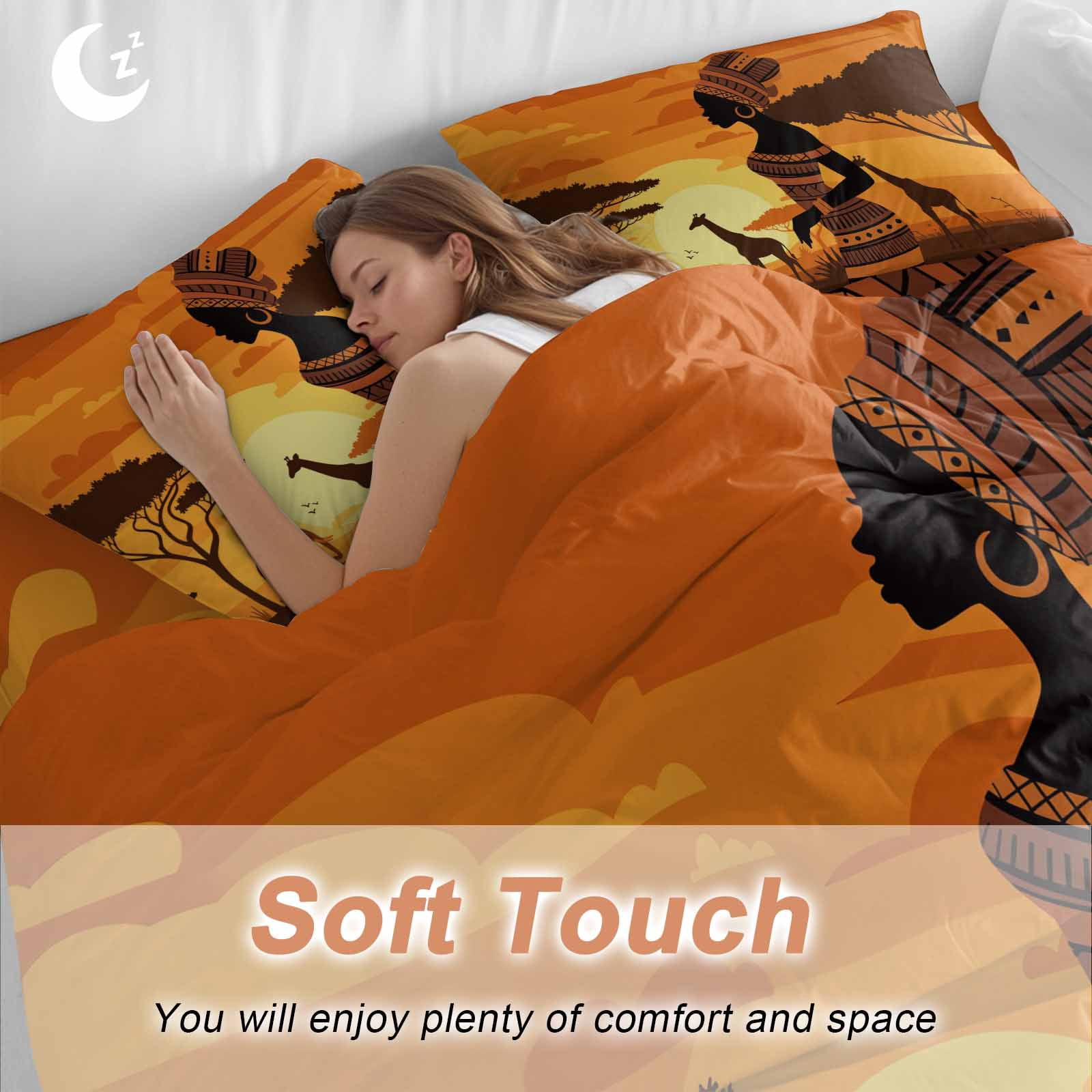 Black Women Bedding Duvet Cover Set Queen Size 4 Pieces Africa Nation Elephant Giraffe Desert Sunset Bedding Set with Zipper Closure, 1 Comforter Cover 90x92 Inches 1 Flat Sheet & 2 Pillow Cases
