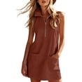 thumbnail image 2 of ClodeEU Women's Collared Half Zip Sleeveless Mini Dress with Pockets, Casual Summer Dress Brown,Women's Plus M, 2 of 6