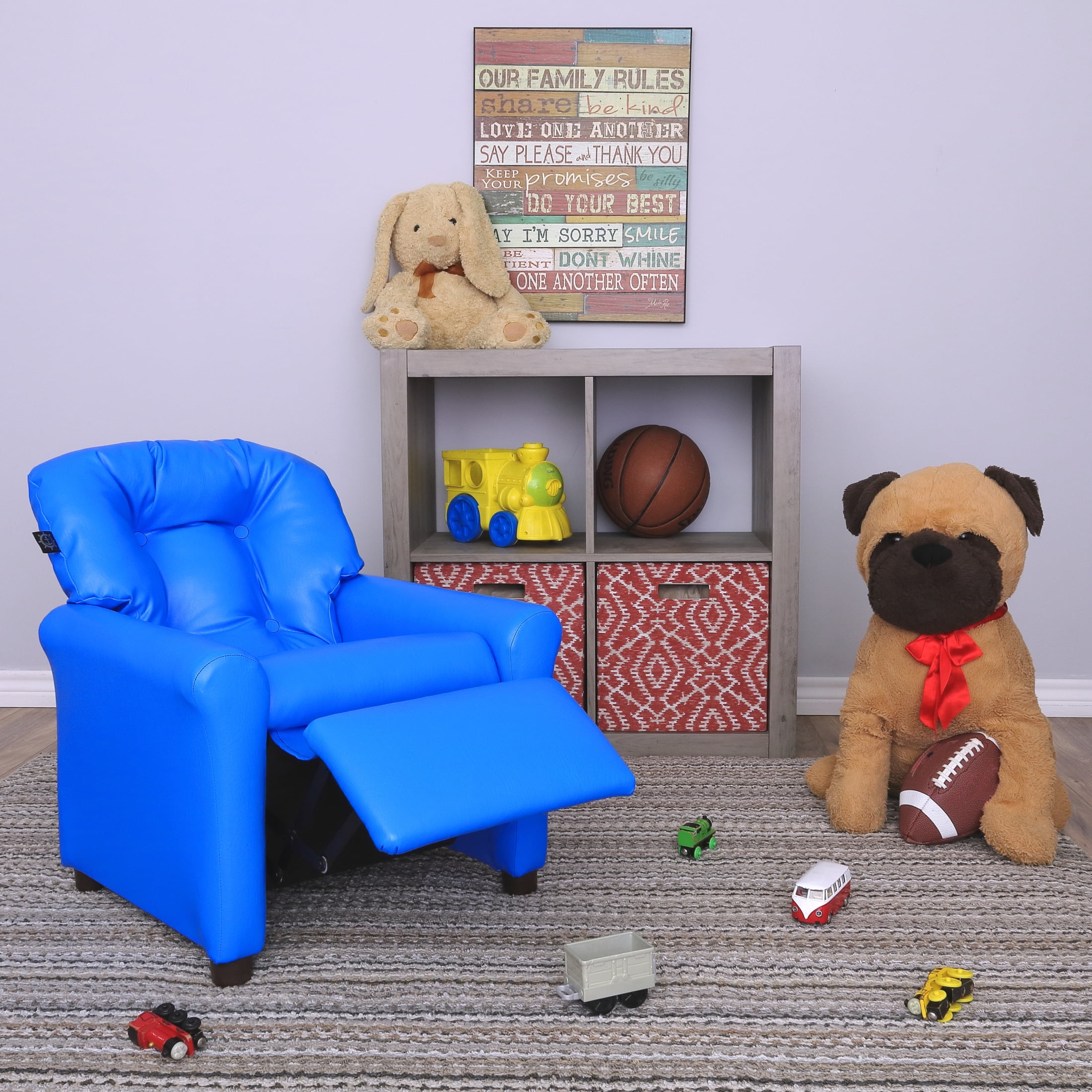 The Crew Furniture Traditional Kids Recliner Chair, Toddler Ages 1-5 Years, PU Faux Leather Blue