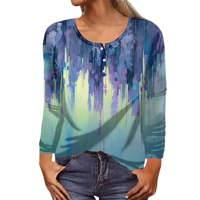 MHFRRA Camiseta de Manga Larga con Cuello Redondo y Estampado Floral para Mujer, Estilo Informal y Elegante. Púrpura
