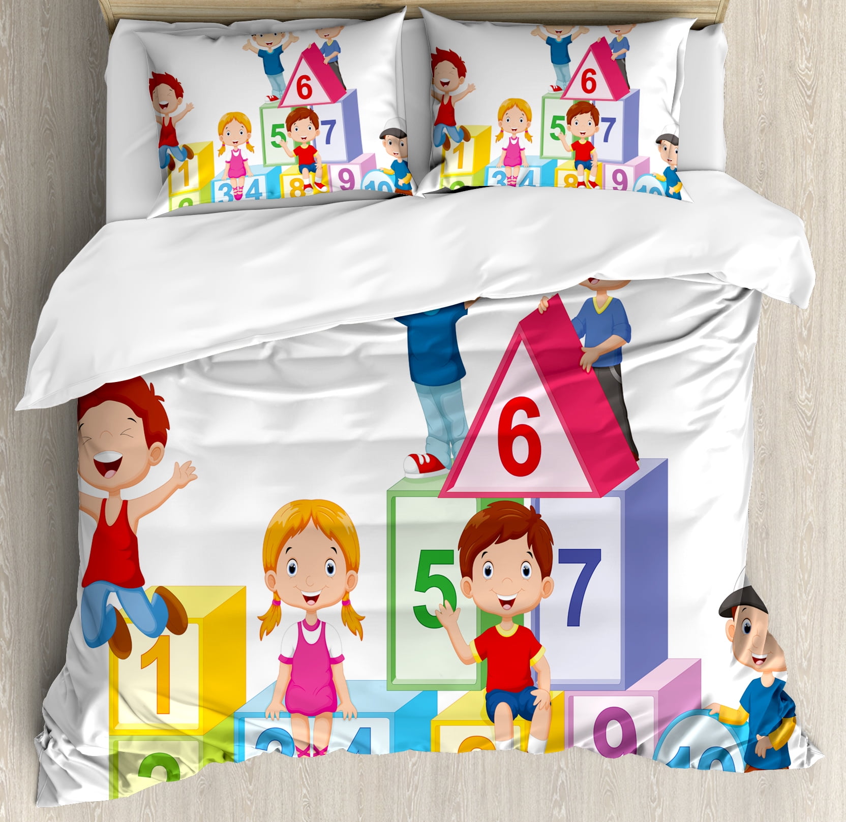 Educational Queen Size Duvet Cover Set Happy Kids Boys And Girls With Number Blocks Triangle Rectangle Square Decorative 3 Piece Bedding