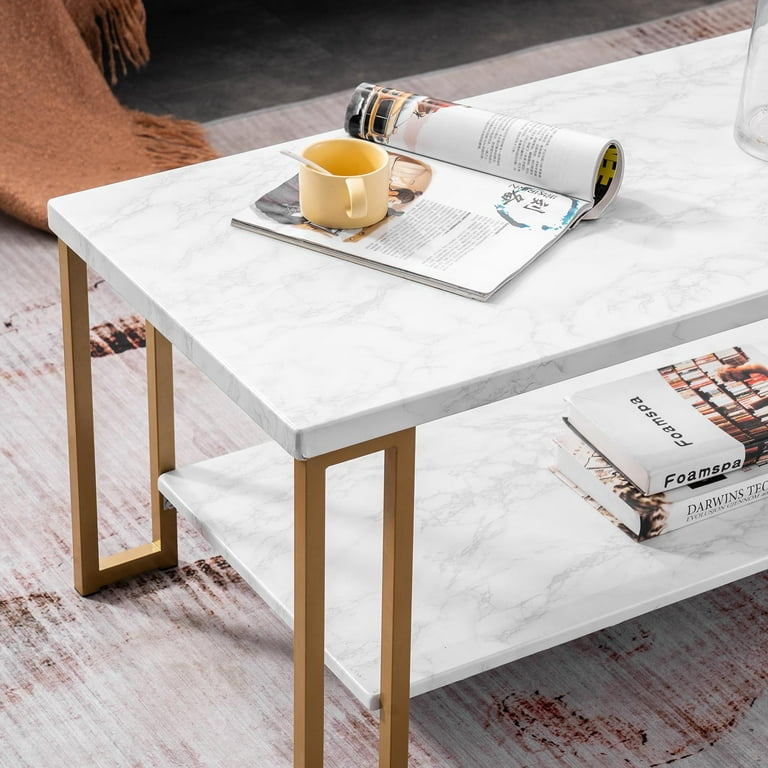 Ktaxon Faux Marble Top Coffee Table with Gold Metal Frame 2 Tier Rectangular Tea Table for Living Room Office Balcony White