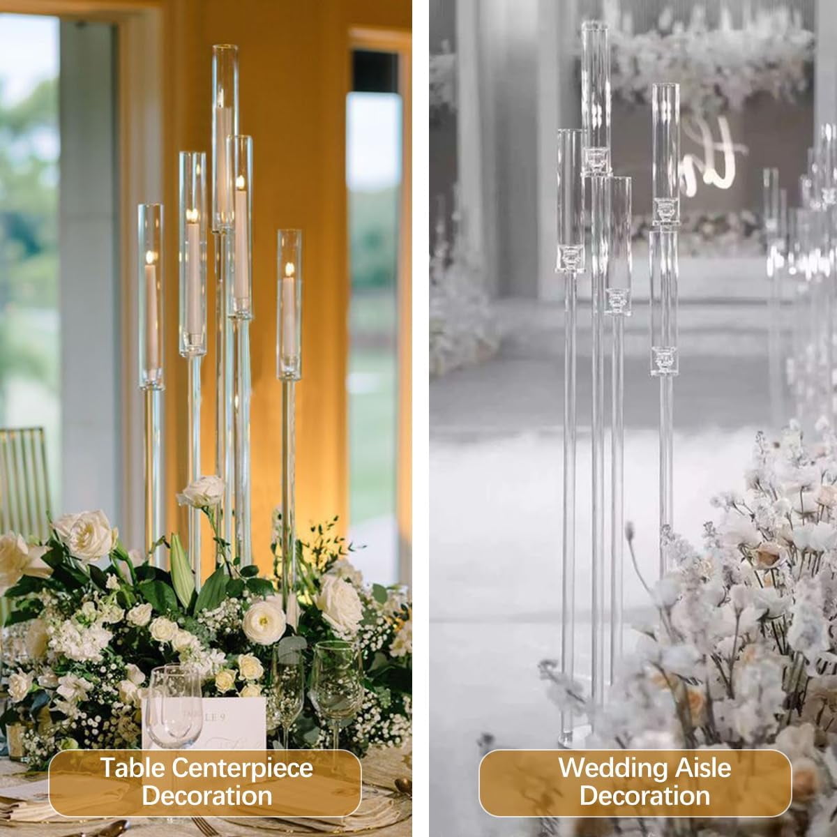 Set Of 4 Gold 5-Arm Candelabra With Acrylic Shades - Height 39.4", For Wedding Centerpiece & Party Decor, Holds Taper Candles