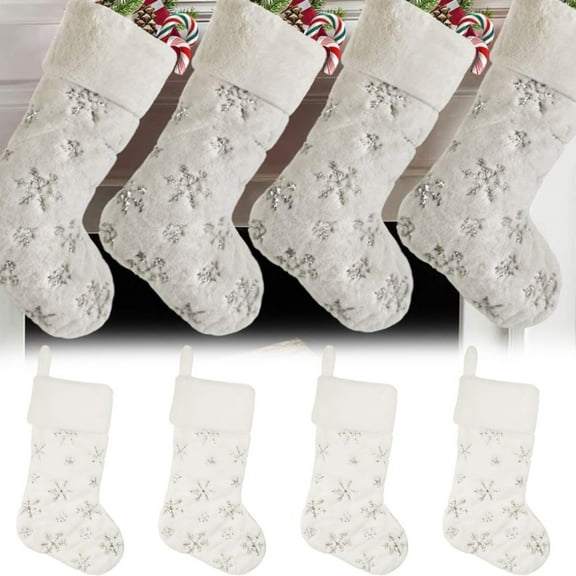 XJGHHSY 1 Pack Christmas Stockings - 19 inch Cream White Faux Fur Xmas Stockings with Silver Sequin Snowflakes Super Soft Thick Plush Xmas Stockings for Christmas Decoration Holiday Decor,White