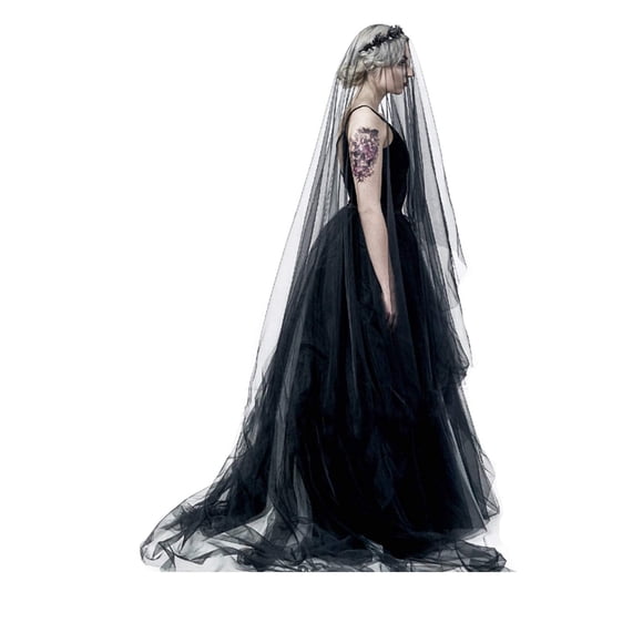 Black Lace Veil Wedding Cathedral Wedding Bride Halloween Gothic Costume Veil (Black long)