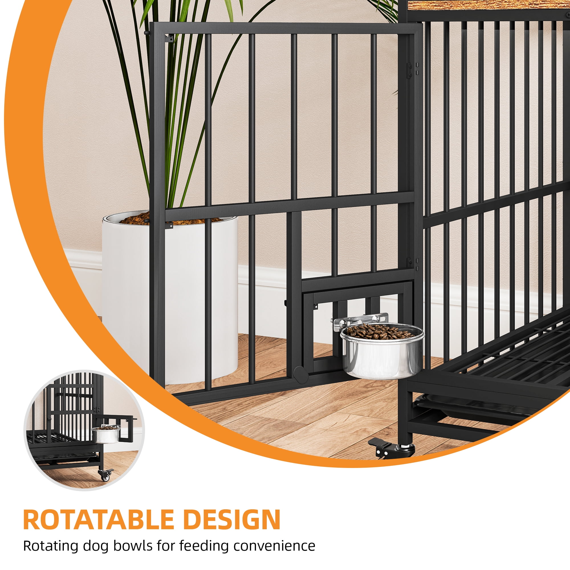 Uforic 47.5" Large Dog Crate Furniture with Double Lockable Doors, Heavy Duty Wooden Dog Kennel with Removable Divider &360° Rotatable Dog Bowls & 360° Wheels & 2 Trays