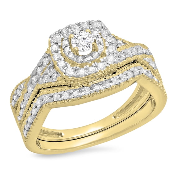 Dazzlingrock Collection 0.60 Carat (ctw) 14K Round Diamond Bridal Swirl Halo Style Engagement Ring Set, Yellow Gold, Size 5