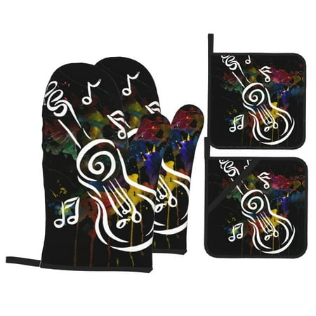 

PUREYAH Oven Mitts And Pot Holders Sets Kitchen Guitar Musical Instruments Oven Gloves Hot Pads Heat Resistant 4 Pieces