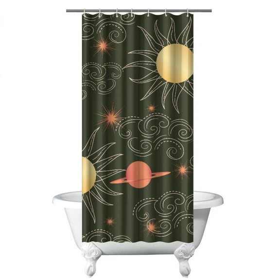 Celestial Shower Curtain with Gothic Moon Star Sunburst, Mystical Cosmic Astrology Print Waterproof Fabric Curtain, Witchy Spiritual Night Aesthetic Bathroom Decor with Hooks