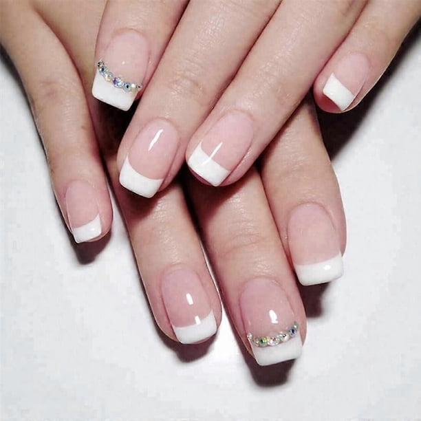 Uñas postizas largas estilo ataúd con puntas francesas degradadas en blanco, uñas acrílicas de cobertura total, 24 unidades.