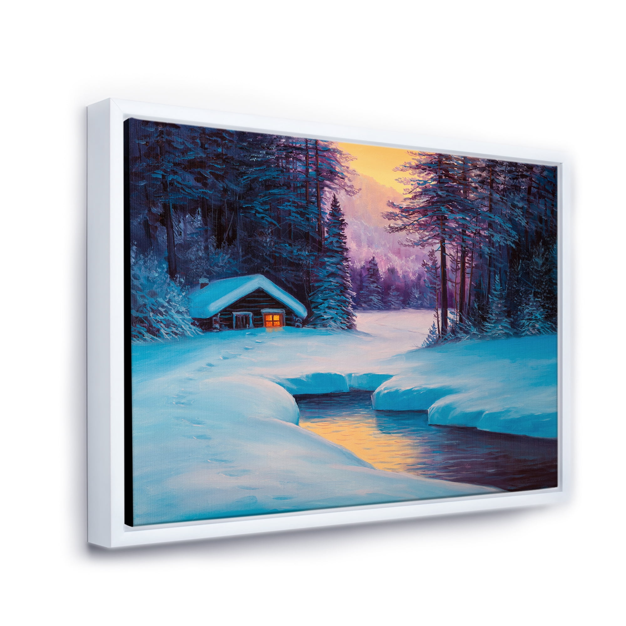 Designart 'Old Cabin In Winter Forest In Evening Glow II' Traditional Framed Canvas Wall Art Print