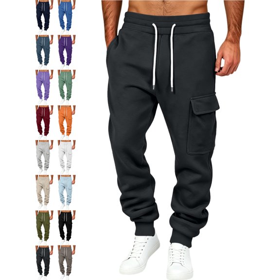 Winter Cargo Sweatpants for Men Drawstring Waist Tapered Leg Multi Pocket Loose Fit Casual Everyday Outdoor Athletic Jogger Pants