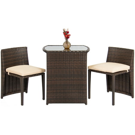 Best Choice Products Wicker 3-Piece Space Saving Outdoor Bistro Set with Glass Table