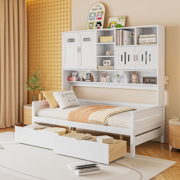 Mintazer Twin Platform Bed with Side Bookcase & 2 Drawer and 2 Cabinets, All-in-One Wood Storage Daybed Frame for Kids Teens Bedroom Guest Room, White