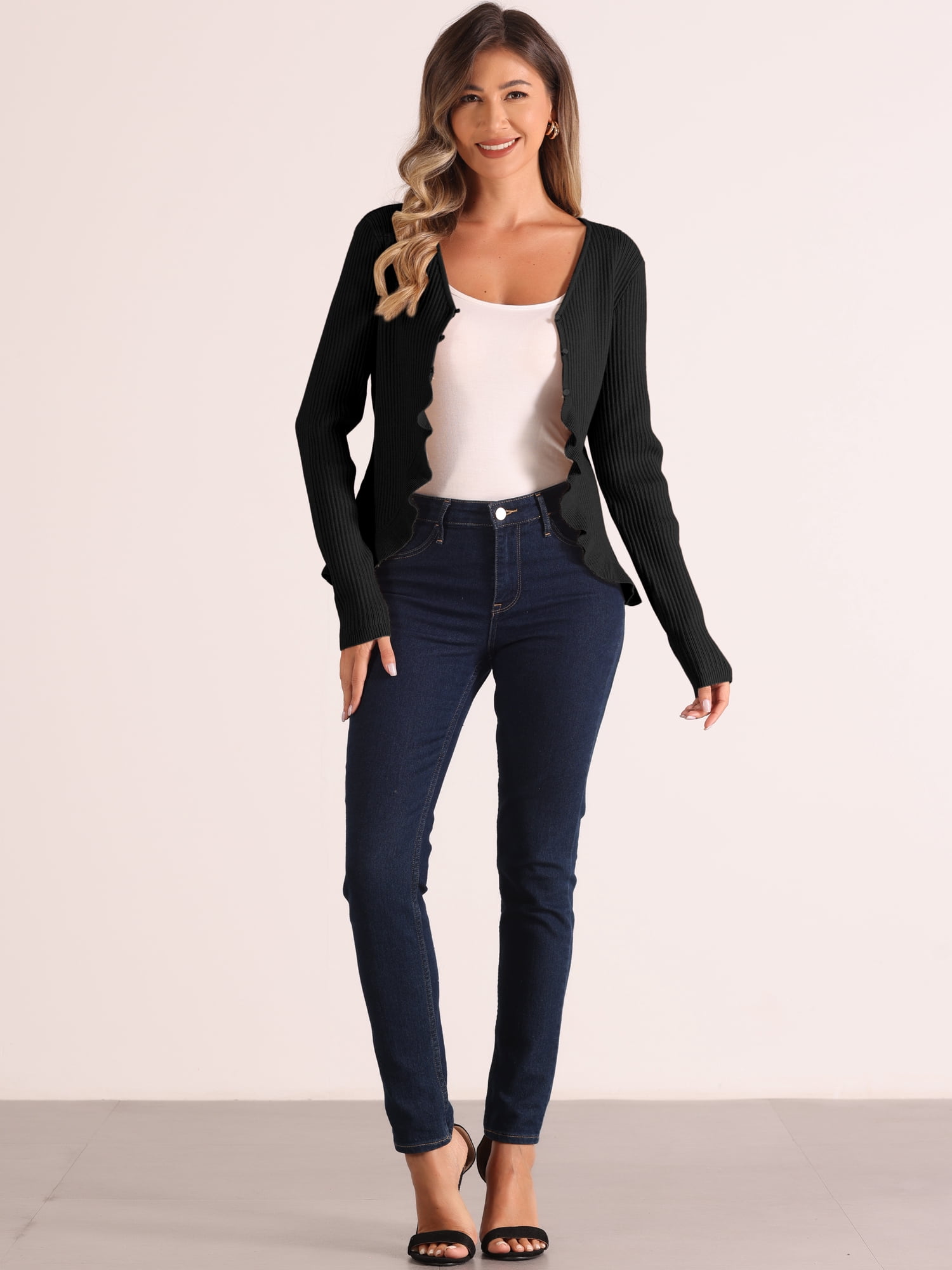 DARING DIVA Women's Ruffle Cardigan V Neck Long Sleeve Open Front Knit Bolero Shrugs L Black