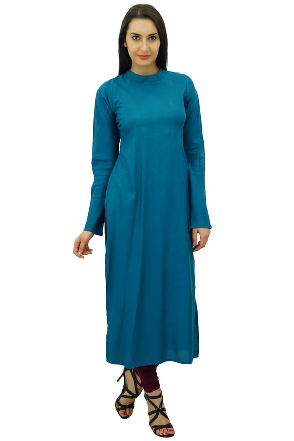 Women Full Sleeve Straight Kurta Ethnic Rayon Kurti Plain Long Tunic