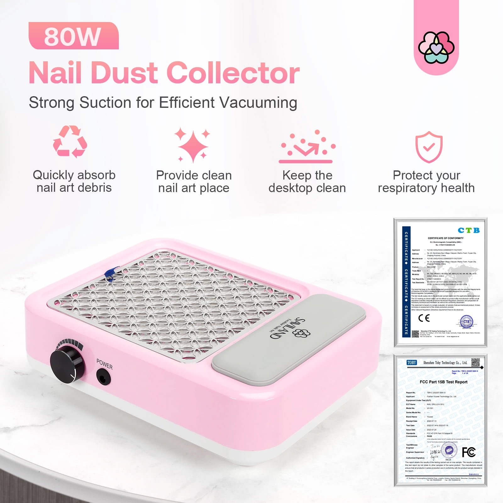 SAVILAND Nail Dust Collector Powerful: 2024 Super Quiet Dust Collector Below 55 dB 80W Strong Suction for Nail Tech Electric Nail Vacuum Dust Collector Acrylic Extractor Detachable Filter Nail