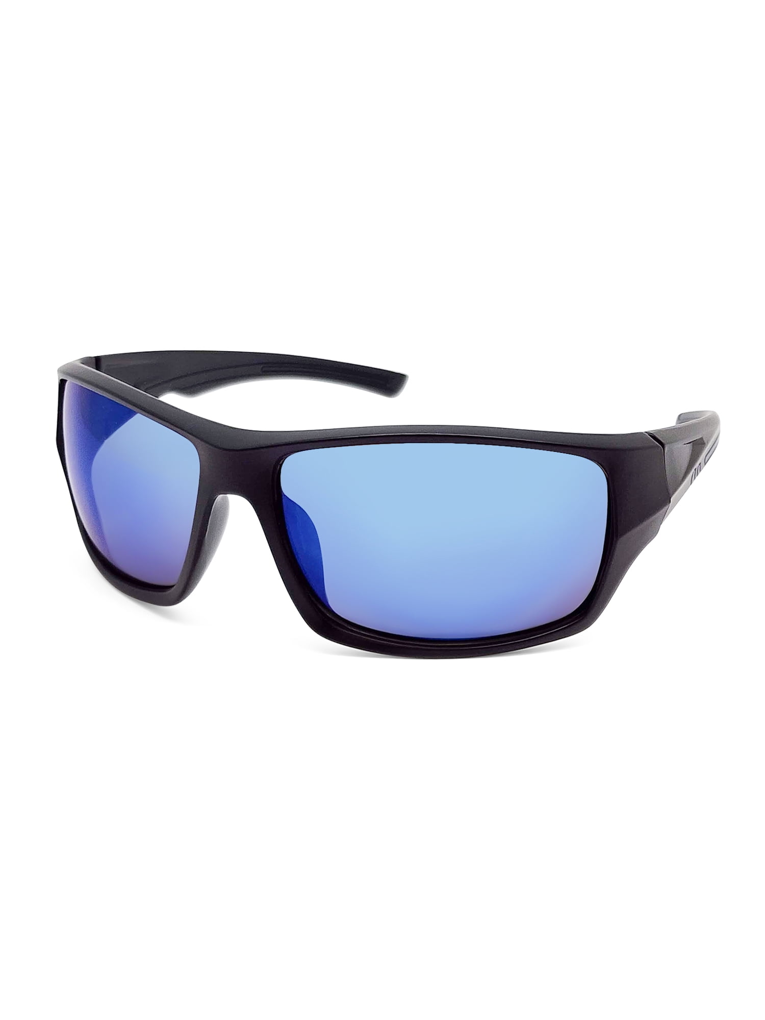 Mens Plastic Sports Wrap Black Frame Blue Mirror Lens Sunglasses