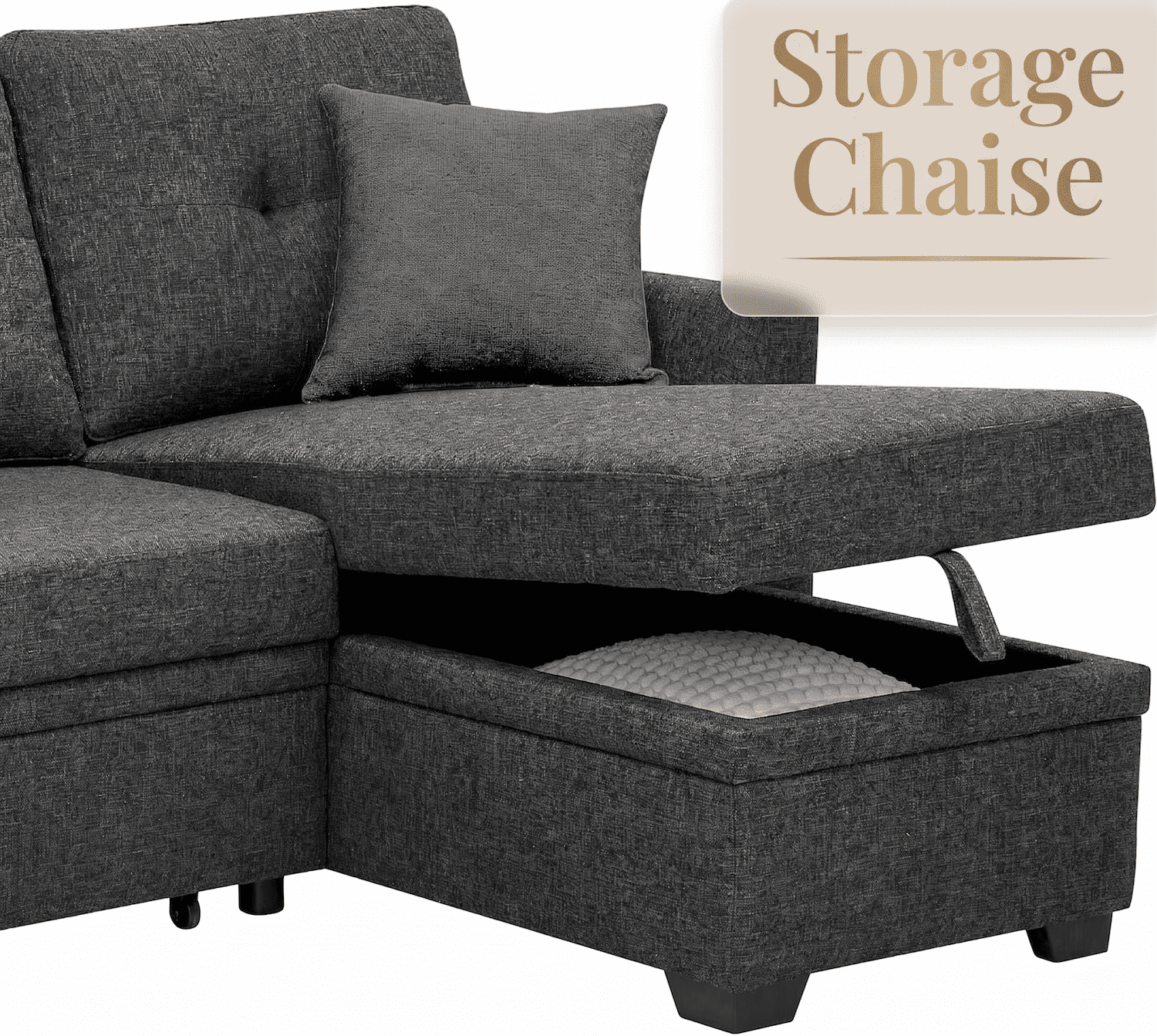Convertible Sleeper Sofa Bed, 76.5" L Shaped Sectional Couch with Pull Out Bed, Storage Chaise & Reversible Lounge, Compact Linen Sectional Sofa for Small Space Apartment Living Room, Charcoal Black