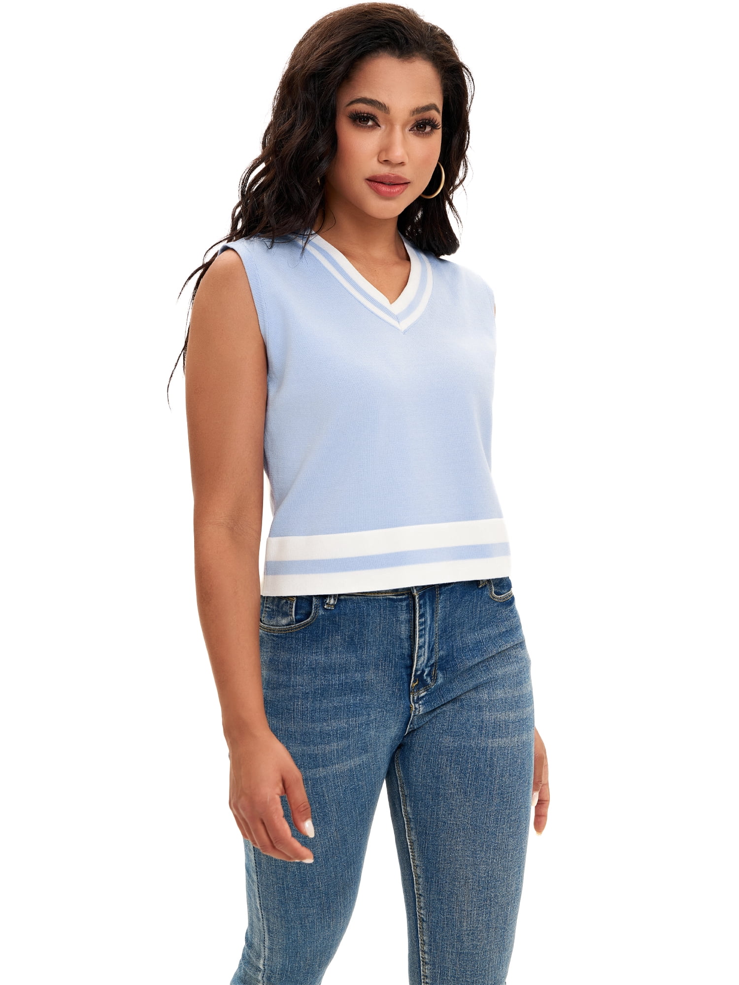 DARING DIVA Women's Cropped Sweater Vest Summer Tank Tops S Light Blue White