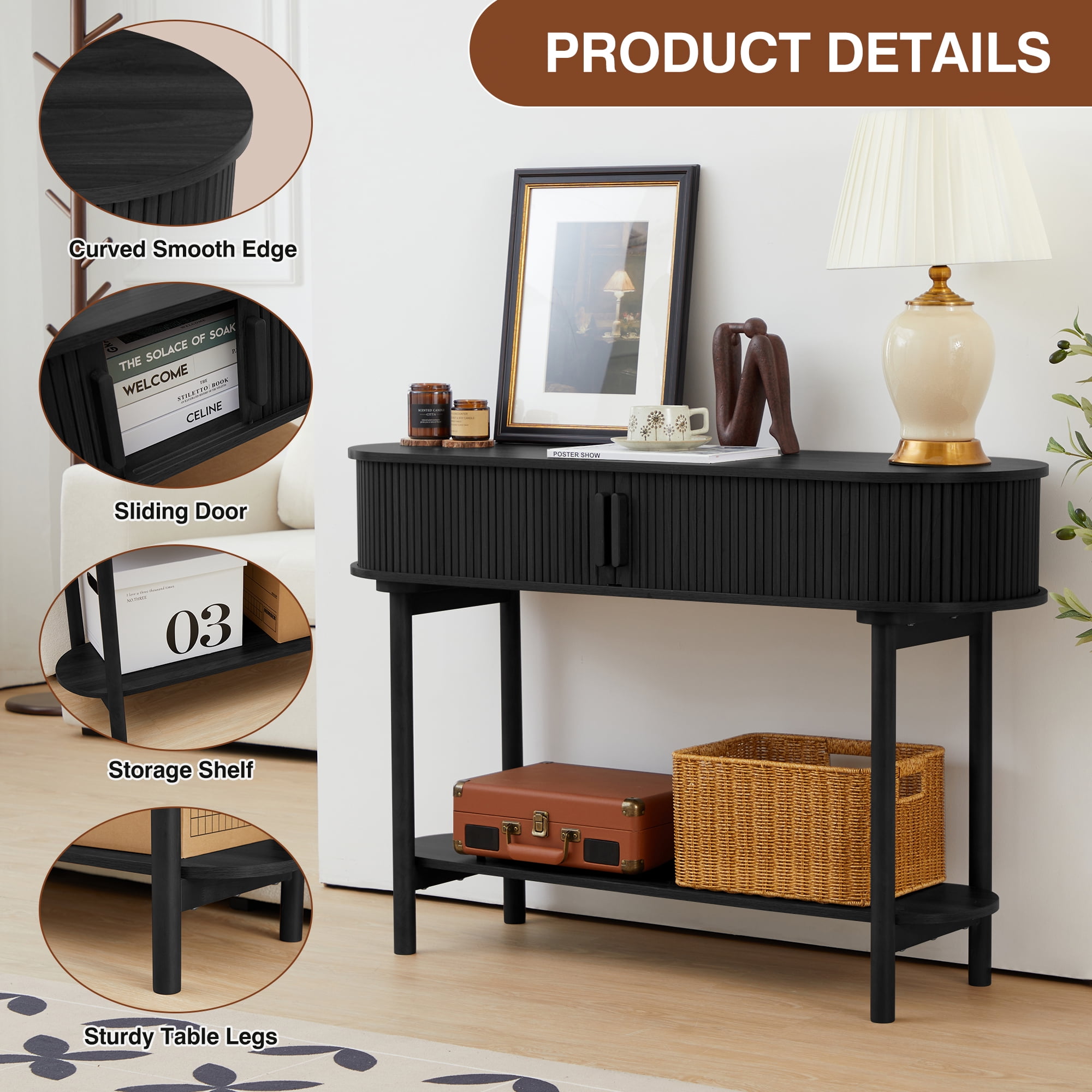Wirrytor Black Console Table with Storage, Wood 2-Tier Modern Sofa Table for Living Room, Narrow Sofa Table with Sliding Door and Open Storage Shelf, Hallway Table and Couch Table Behind Sofa