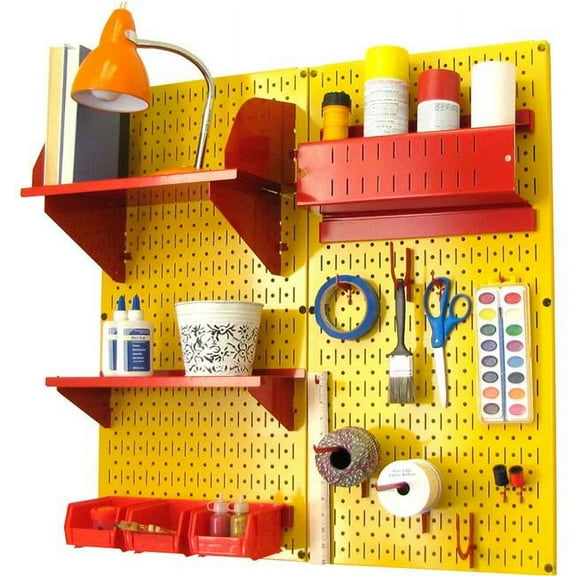 Pegboard Hobby Craft Organizer Storage Kit, Yellow & Red - 32 x 32 x 9 in.